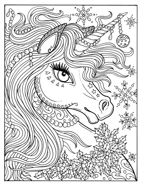 570x738 Unicorn Christmas Coloring Page Adult Color Book Art Fantasy