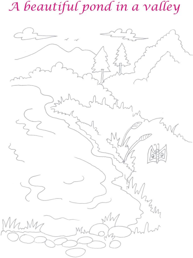 783x1050 Scenery Pond In Valley Coloring Page
