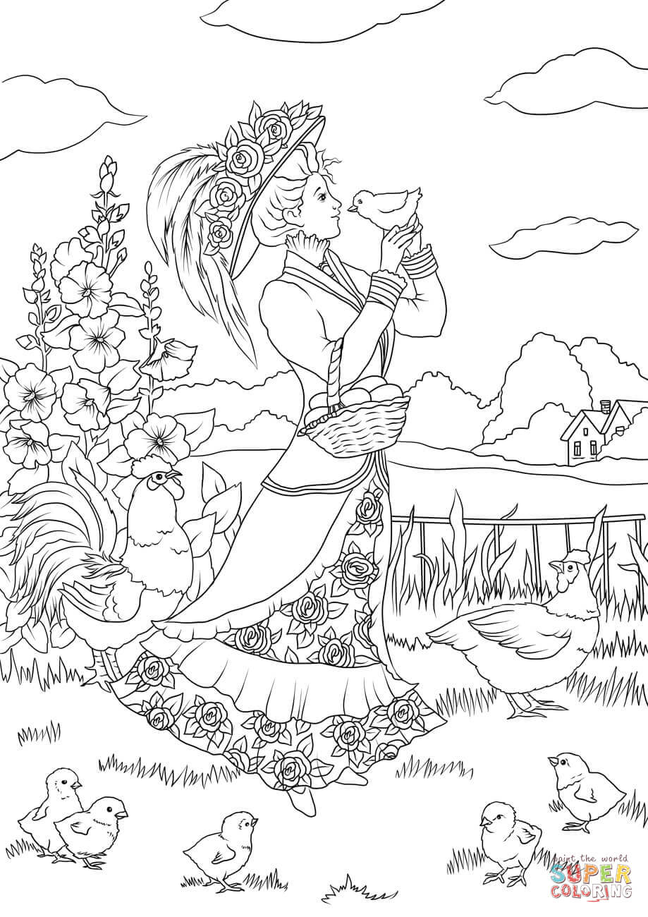 Victorian Lady And A Chicken In The Countryside Coloring Page Free 919x1300 Victorian Lady And A Chicken In The Countryside Coloring Page Free