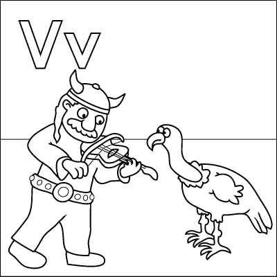 400x400 Letter V Coloring Page (Viking, Violin, Vulture). Color It