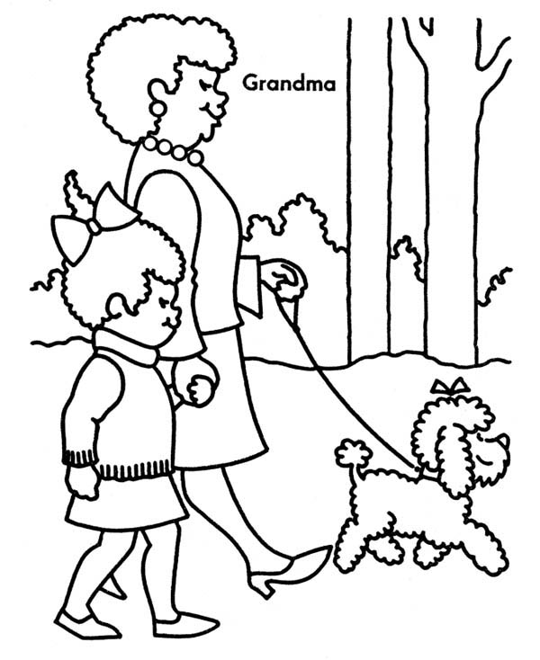 600x734 Walking The Dog With Grandma On Gran Parents Day Coloring Page