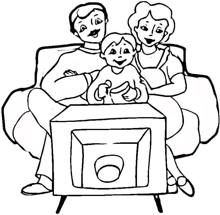 750x734 Family In Front Of Tv Furniture Coloring Page