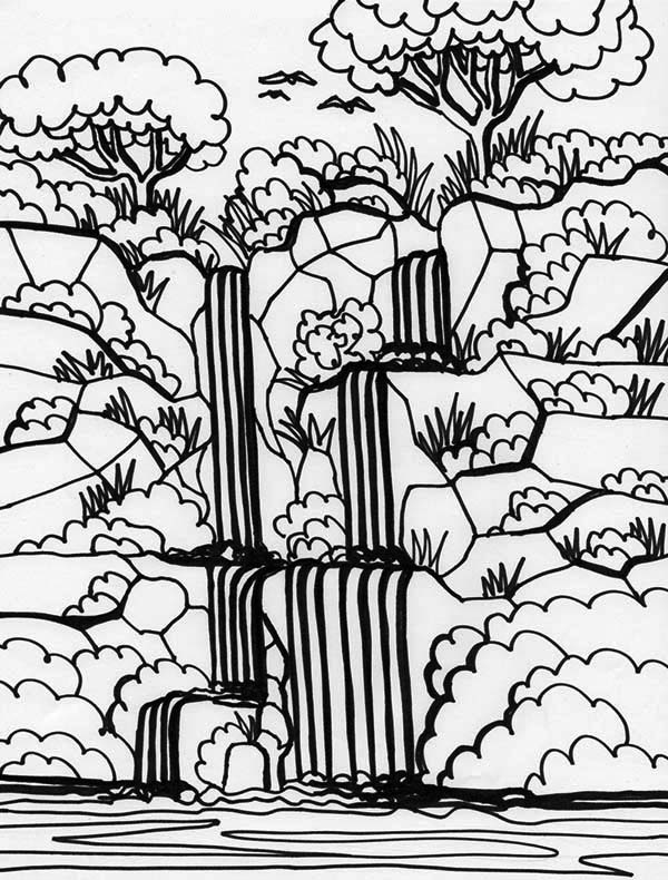 600x790 Rainforest And Waterfalls Coloring Page