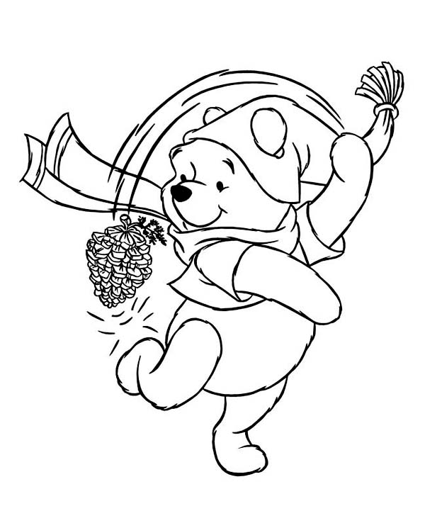 Winnie The Pooh Playing With Cone Pine On Winter Coloring Page 600x738 Winnie The Pooh Playing With Cone Pine On Winter Coloring Page
