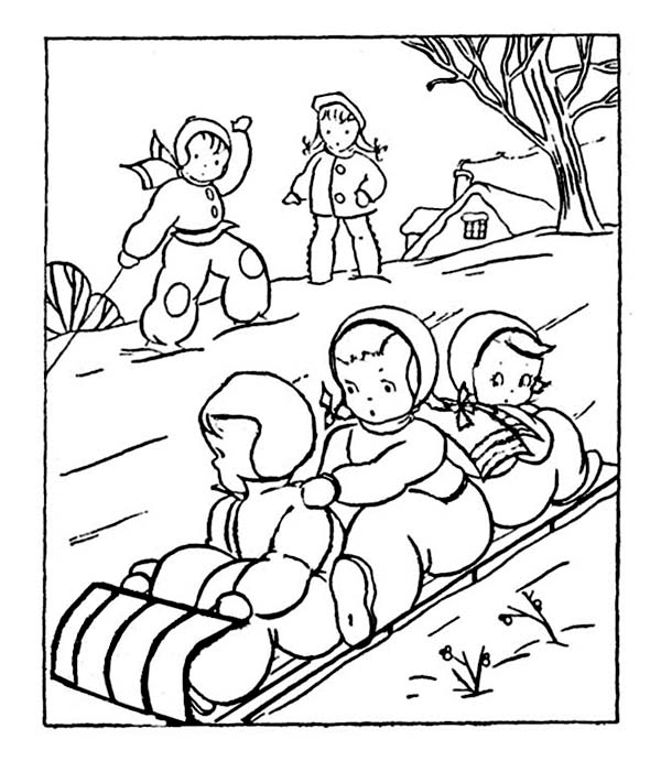 600x701 Three Kids On One Winter Sled Coloring Page