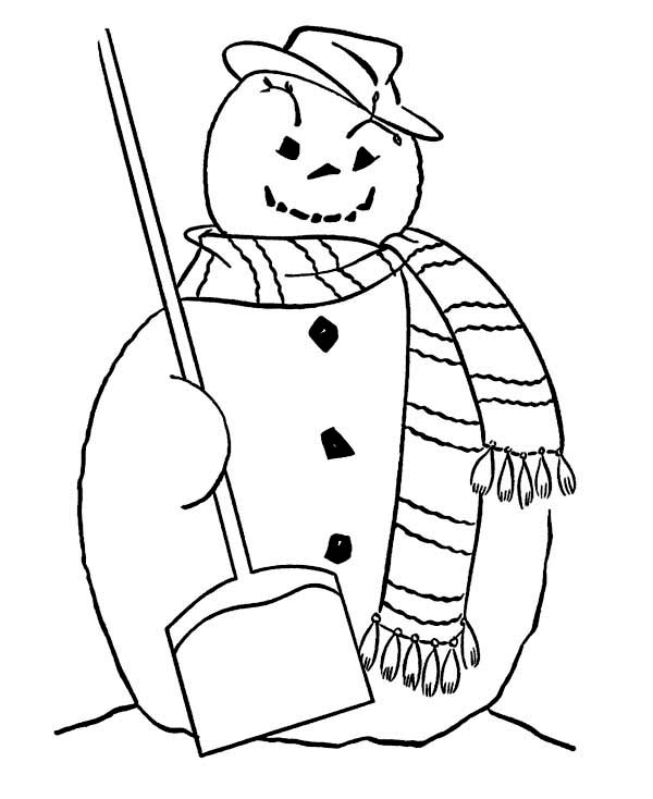 Fat Snowman With Broom And Long Scarf On Winter Coloring Page 600x734 Fat Snowman With Broom And Long Scarf On Winter Coloring Page