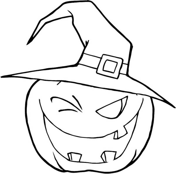 Halloween Pumpkins Wearing Witch Hat Coloring Page 600x595 Halloween Pumpkins Wearing Witch Hat Coloring Page