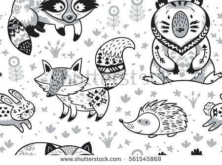 Black White Woodland Animals Pattern Scandinavian Stock Vector 450x335 Black White Woodland Animals Pattern Scandinavian Stock Vector