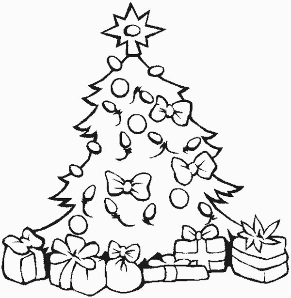 Stunning Christmas Tree With All The Ornaments And Gifts Coloring 600x615 Stunning Christmas Tree With All The Ornaments And Gifts Coloring