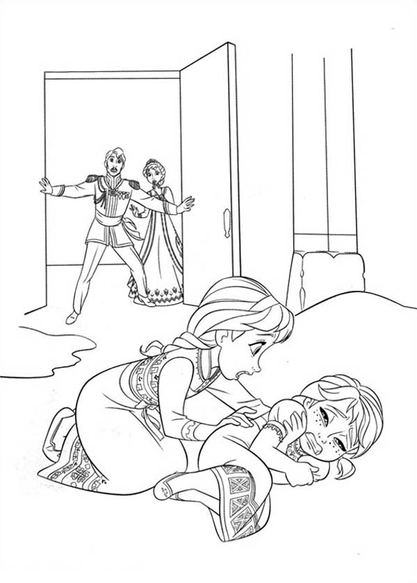 Elsa Accidentally Struck Anna While Playing Coloring Page 600x840 Elsa Accidentally Struck Anna While Playing Coloring Page