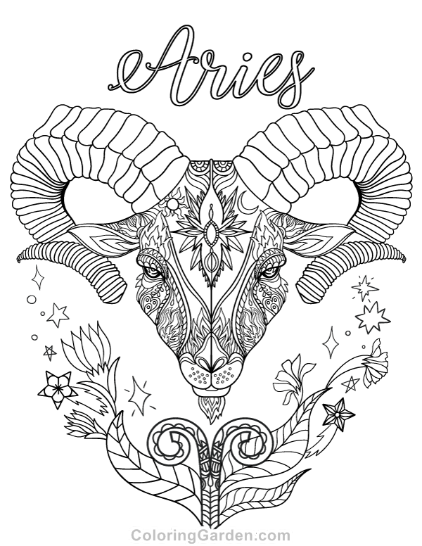 600x776 Free Printable Zodiac Adult Coloring Page Featuring Aries The Ram