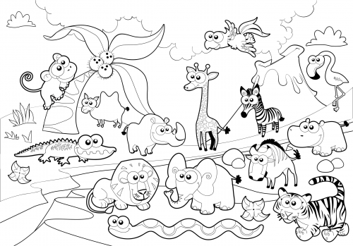 Detailed Coloring Page Zoo Animals 500x349 Detailed Coloring Page Zoo Animals